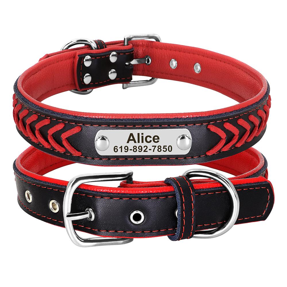 Personalized PU Leather Dog Collar Custom Braided Dog Collars Padded Pet Necklace Free Engraving for Small Medium Large Dogs Pug