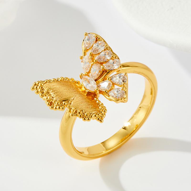 Smart Beauty Gold Brushed Butterfly Open Ring Original Design Micro Zircon Adjustable Ring Index Finger Ring