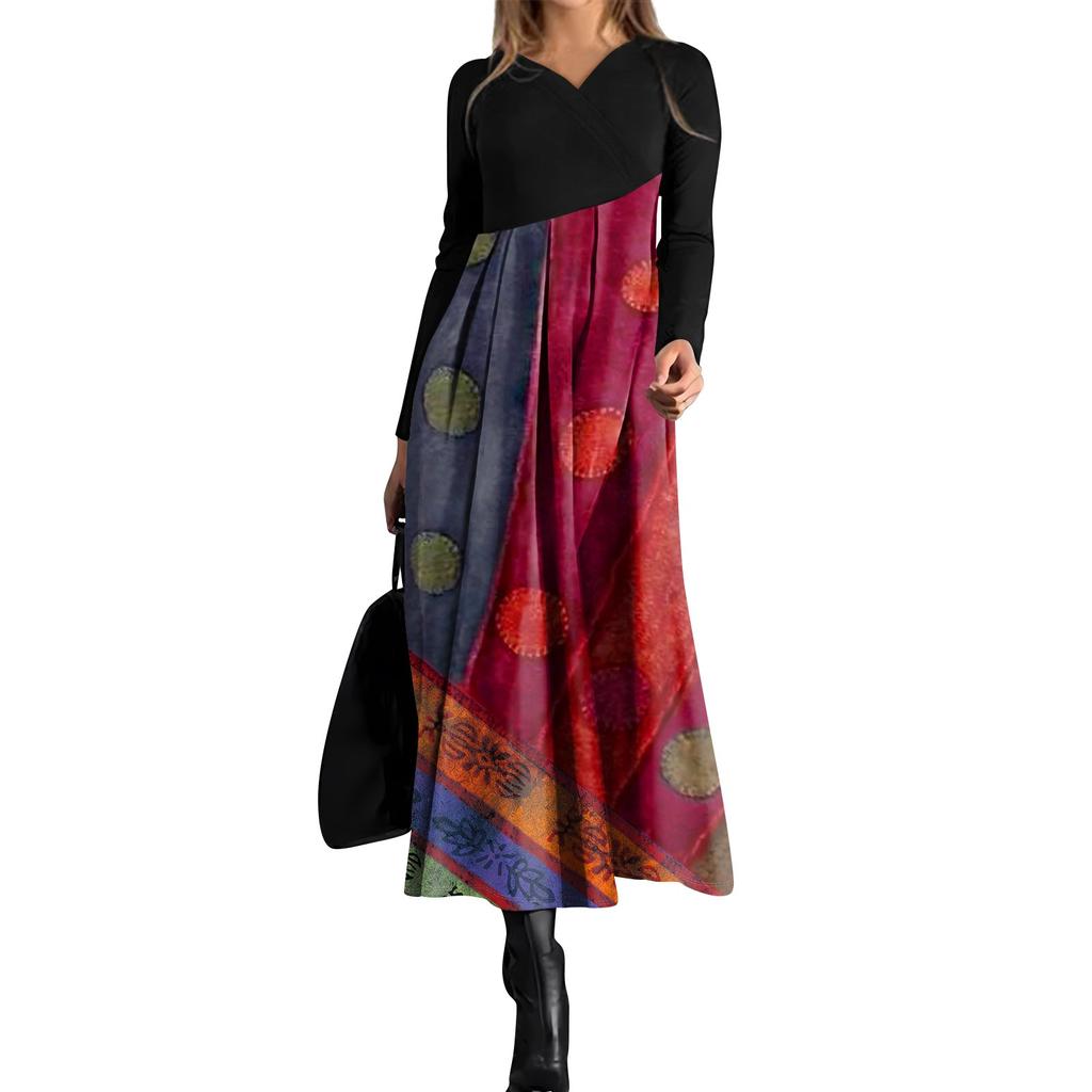 Ladies' Casual V-neck Long Sleeved Dress Printing Loose And Oversized Dress