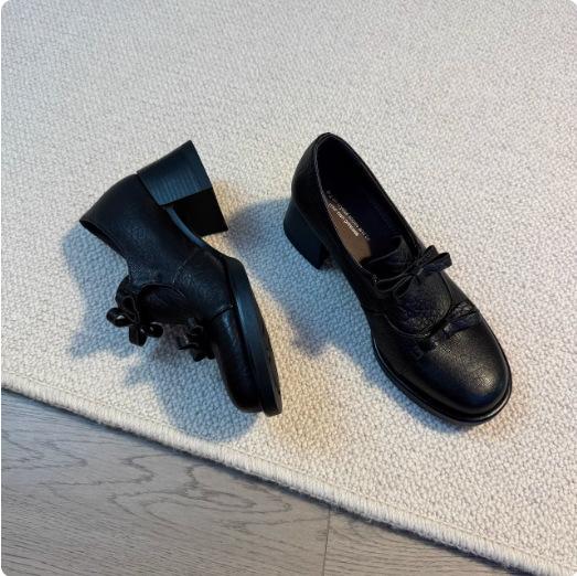 Sheepskin Version~ Retro Temperament Niche Design British Style Round Head Loafers Commuting Thick Heel Women's Shallow Mouth Single Shoes