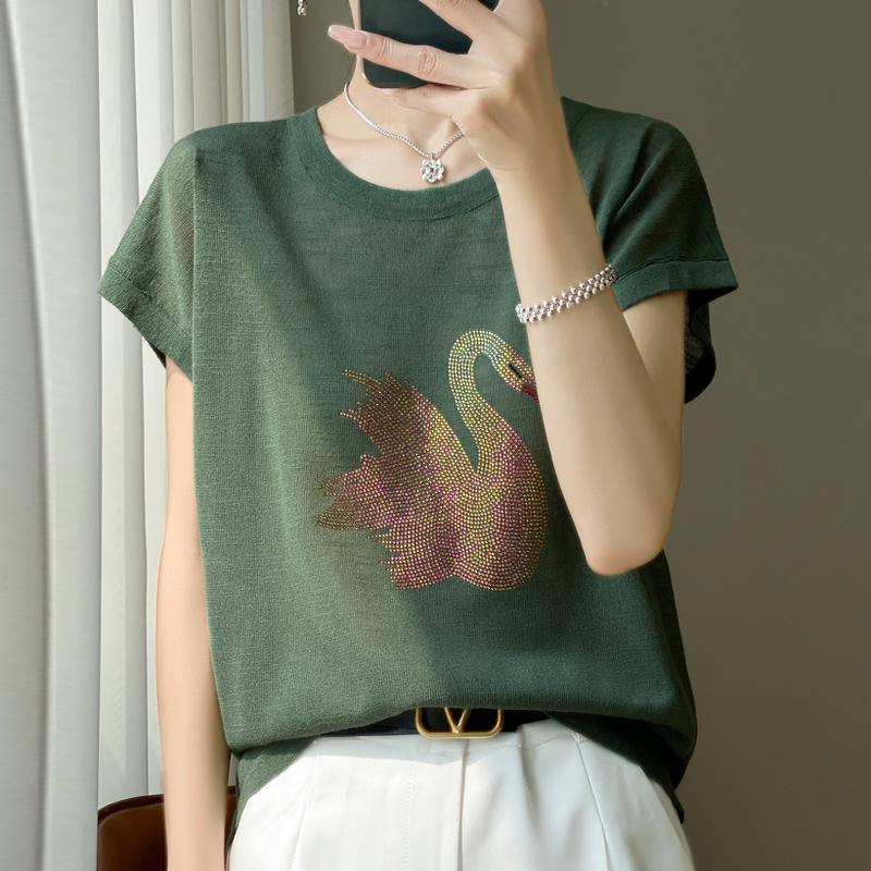 

Women s Summer Slub Linen Rhinestone Short Sleeve Round Neck Top XXL (140-155 jin)