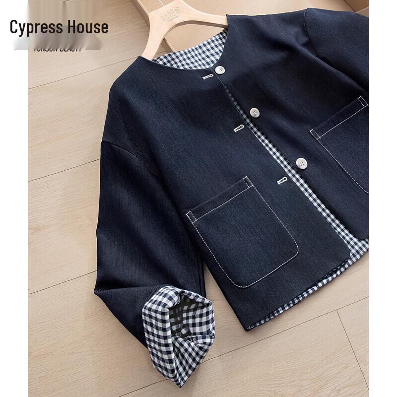 

Женский короткий кардиган с круглым вырезом и клетчатой лоскутной отделкой L