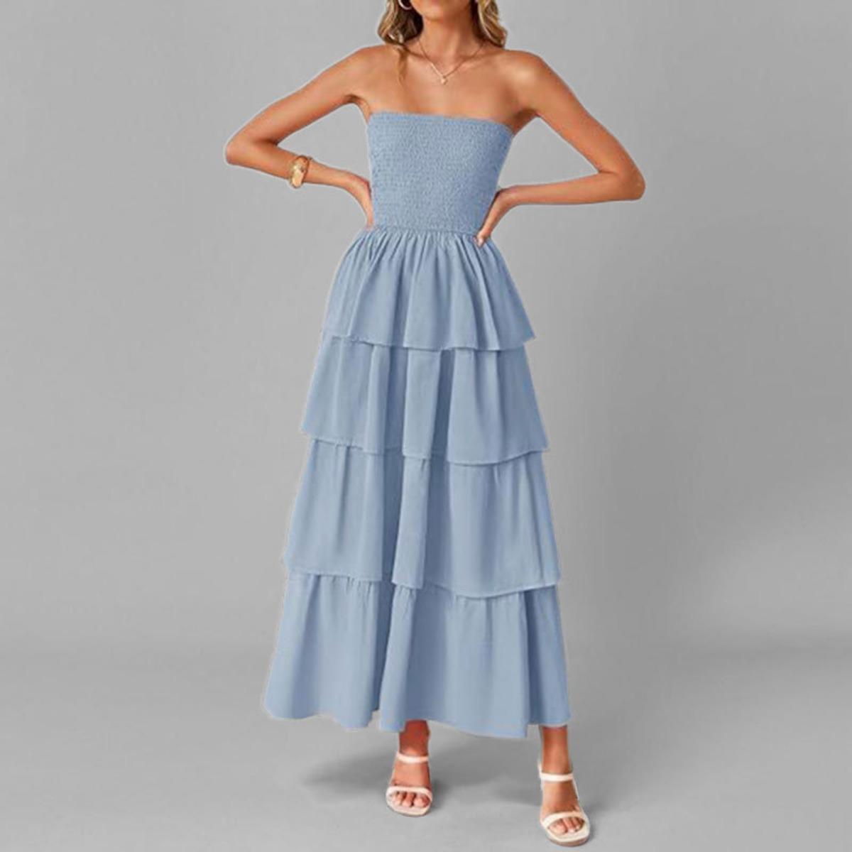 

Spring New Arrival Women s Fashion Casual Solid Color Smocked Bandeau Tiered Cake Dress for European American Crossborder XL небо синє кольору