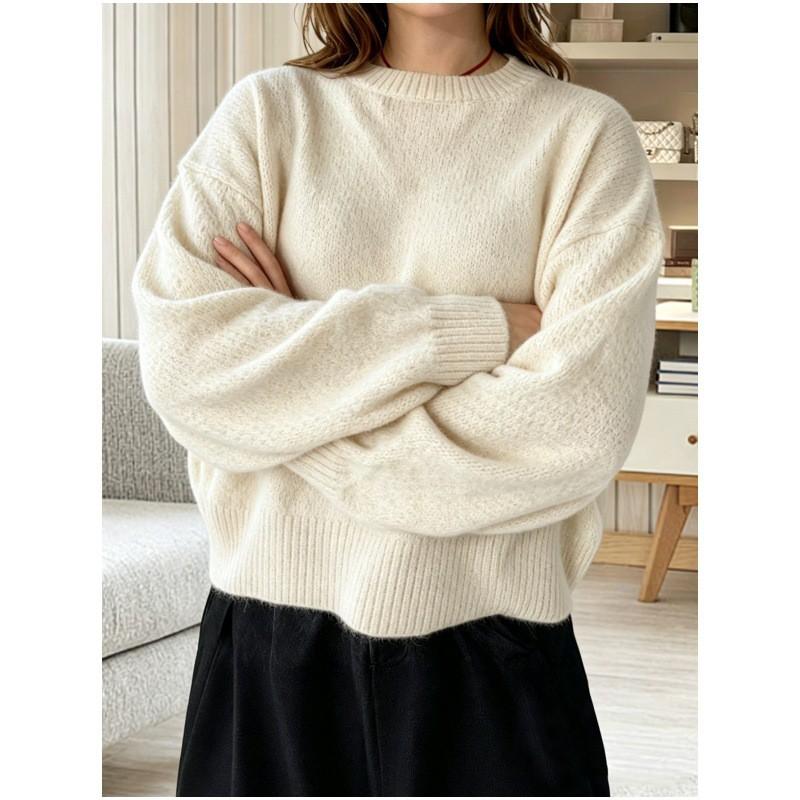 Womens Loose Fit Knit Sweater Long Sleeve Solid Color Crewneck Casual Pullover Fall