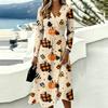 Women's Halloween Print V-Neck Long Sleeve Casual Dress with Pockets