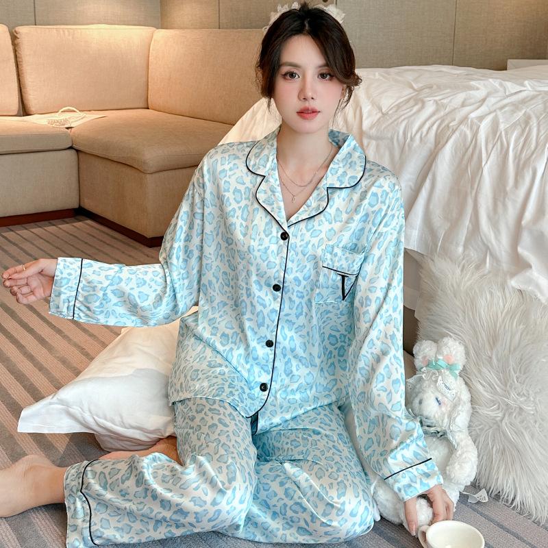 Popular Ice Silk Leopard Print Pajamas Women S Summer Thin Long-Sleeved Trousers Letter-Embroidered Loungewear M