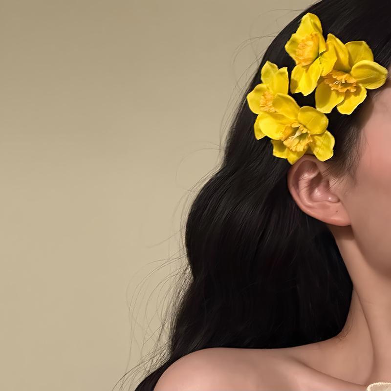 Sweet Yellow Double Flowers Hair Clips Side Clip Barrette For Women Girl Beach Wedding Flower Hawaii Hairclip Hairpin Accessory