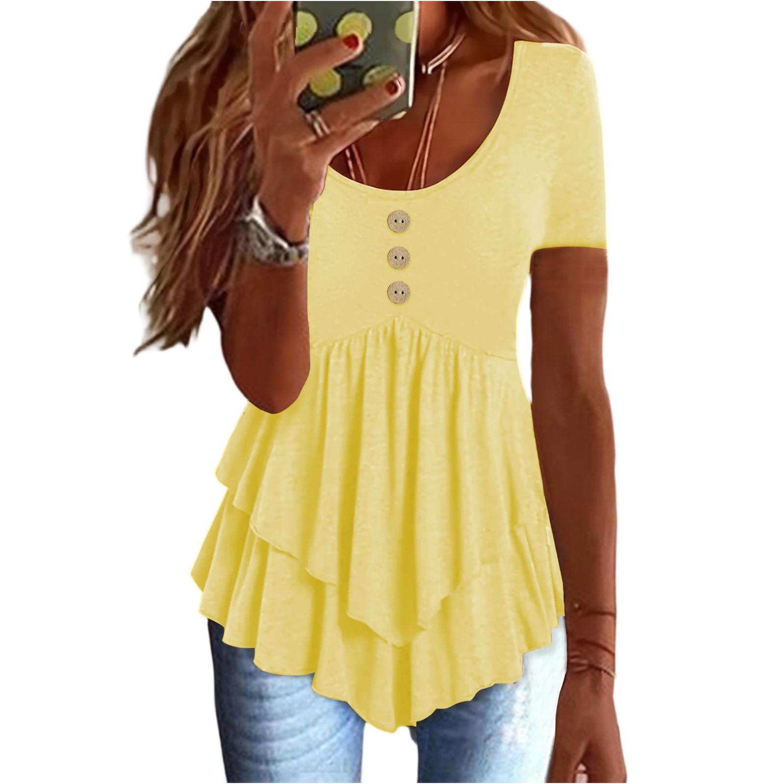 

Women s Fashion Loose Three Button Casual Colour Short Sleeve T-Shirt Top XL жовтий