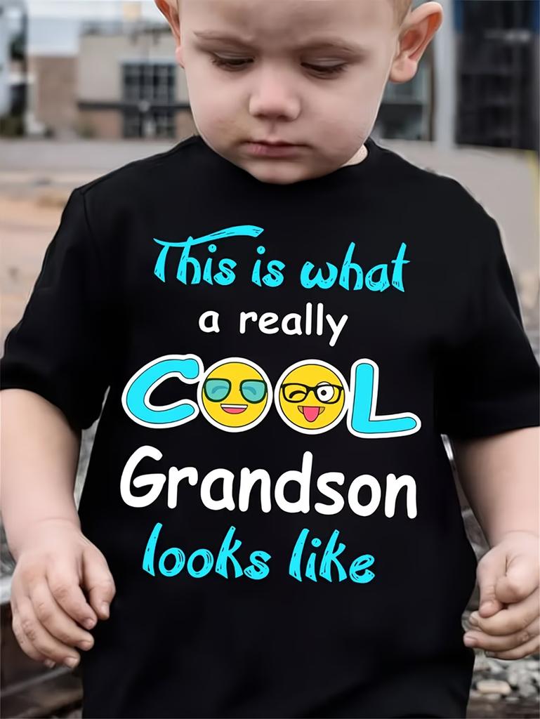 Kids Colorful Cool Grandson Print T-Shirt, Boys Summer Short Sleeve Tee