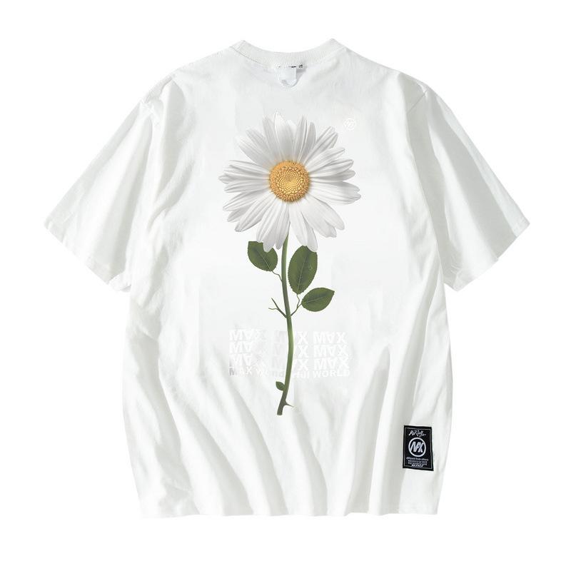 Guochao Brand Daisy Printing Short-Sleeved T-Shirt For Men And Women Couples Oversize Street Half-Sleeved Ins Tide