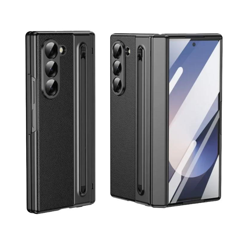 Samsung Galaxy Z Fold 7/6/5/4/3 Leather Phone Case with Steel Film Pen Slot Hinge Protection Shockproof Cover for Galaxy Z Fold
