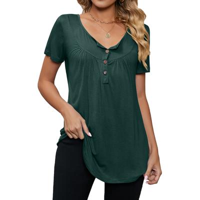 Womens Casual Short Sleeve Loose Blouse Solid Color Button Pleated Tunic Tops Blusas Female Pullover Blouses Tops Summer Clothes