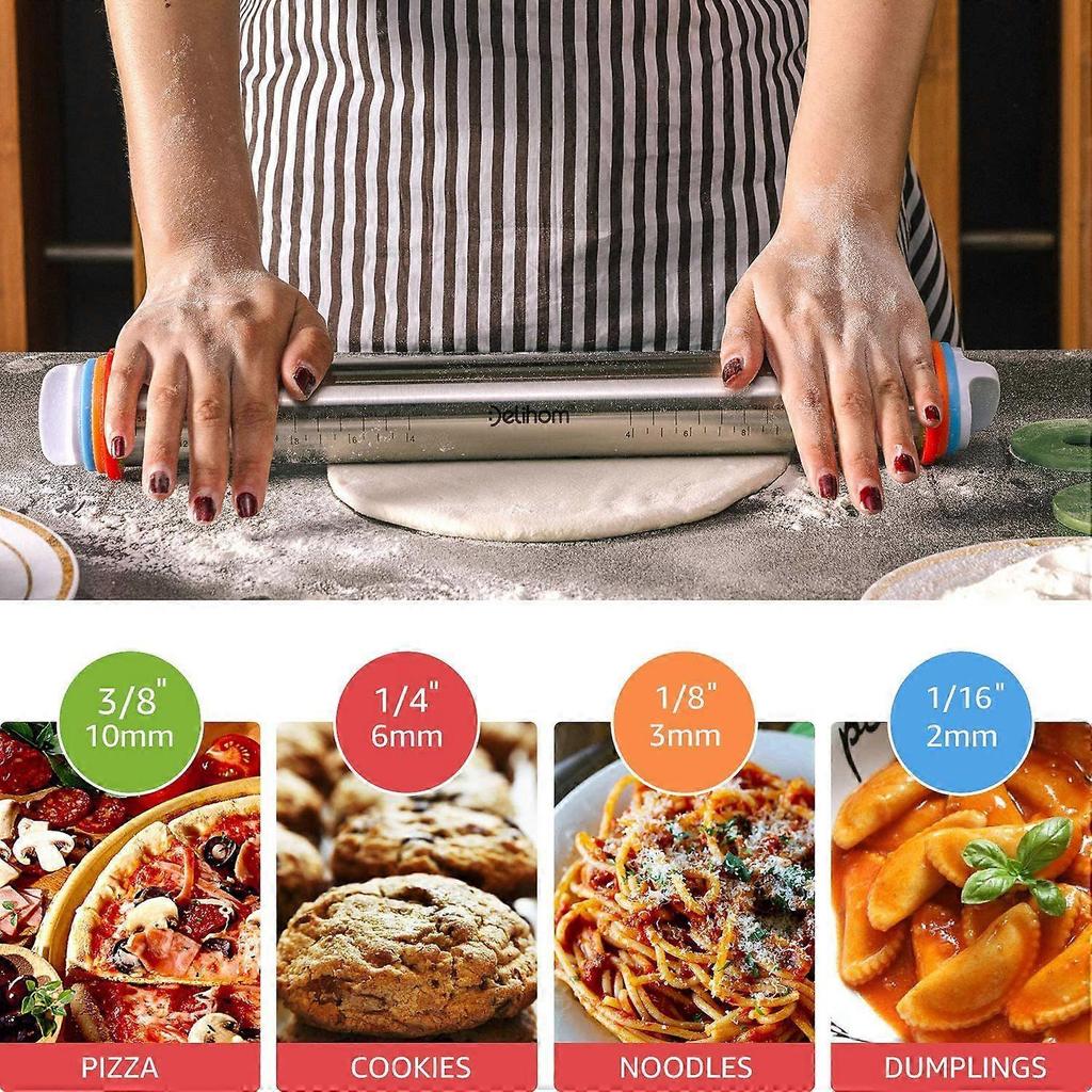 Rolling Pin, Stainless Steel Rolling Pin with 4 Adjustable Discs, Non-Stick Rolling Pin for Pie Dough Pizza Pie Cookies and Pastries