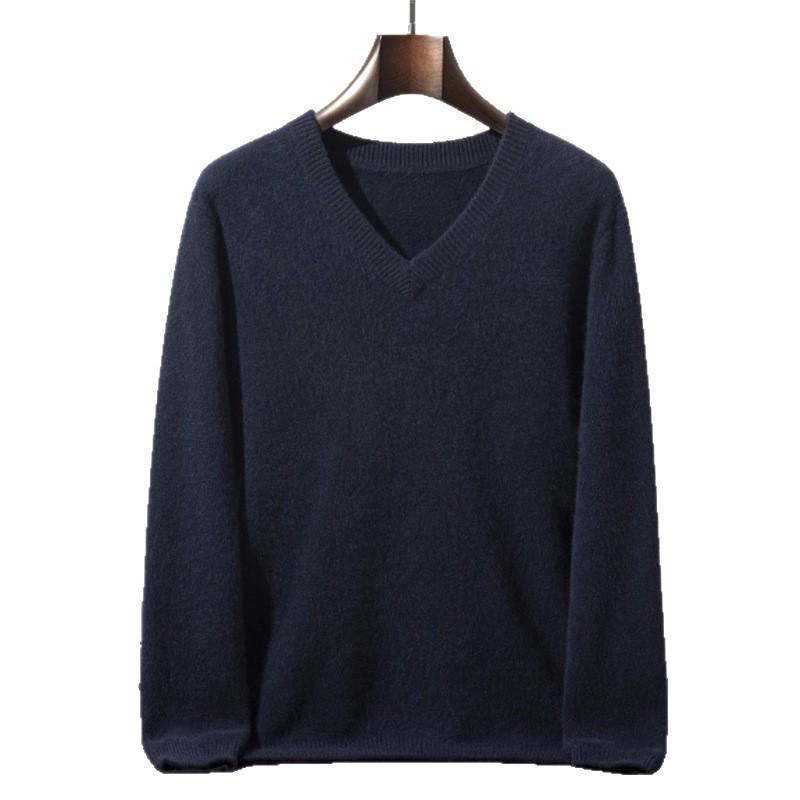 Men's Seven-Needle Cashmere V-Neck Sweater, Double-Strand Thickened, Soft Knit Base Layer for Autumn/Winter.