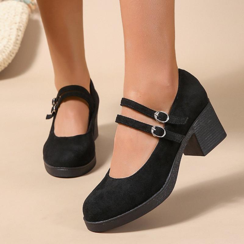 Fashion Spring New Coarse Heel Shoes Women's Round Head Shallow Mouth Cow Suede Thick Sole with A Line with Non-slip High Heels