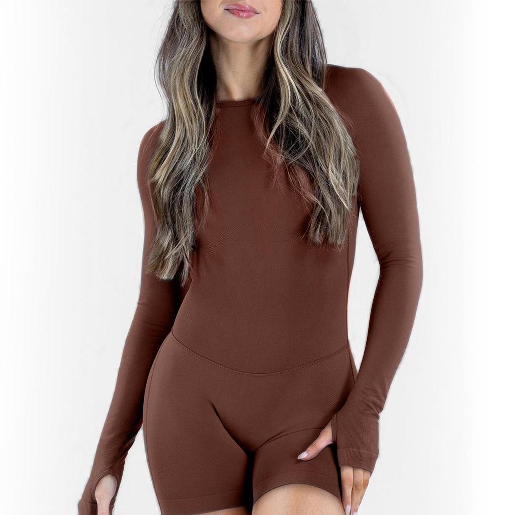 Women's Matte Long Sleeve Open-Back Yoga Jumpsuit with Shorts - Stylish Fitness Attire