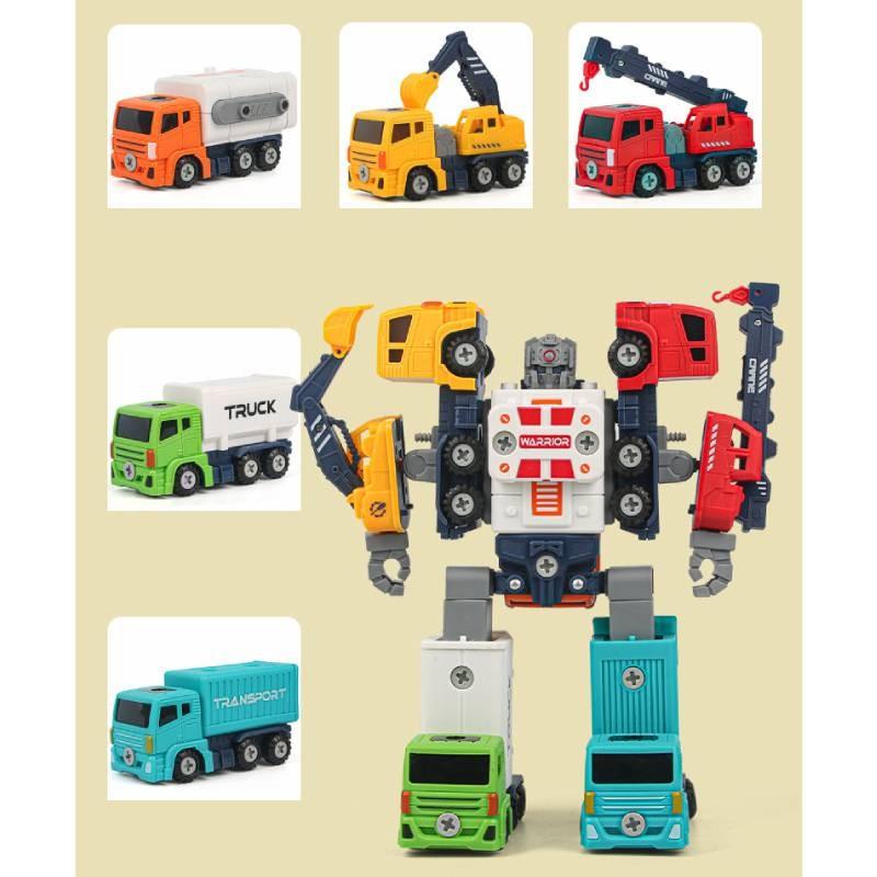 Diy Detachable Engineering Vehicle Toy Set For Boys With Five Colorful Transforming Robots