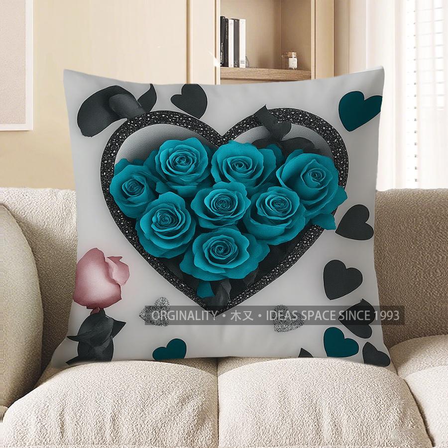 Home Decor Blue Roses Pattern Throw Pillow Cover Pattern Cushion Cover Suitable For Sofa Bedroom Car Pillow Cover