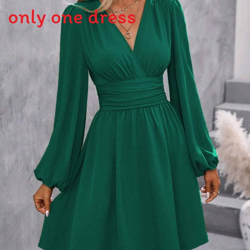 Polyester Vneck Lantern Sleeve Dress With Pleats For Casual And Party Wear