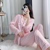 Rosa gestreiftes Pyjama-Set, Loungewear, lange Ärmel, Hose, Homewear, bedrucktes Revers, Nachtwäsche aus Satin, lockere Freizeitnachtwäsche für Damen
