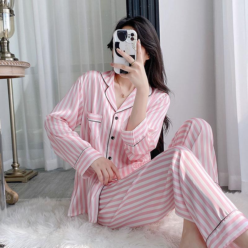 Rosa gestreiftes Pyjama-Set, Loungewear, lange Ärmel, Hose, Homewear, bedrucktes Revers, Nachtwäsche aus Satin, lockere Freizeitnachtwäsche für Damen