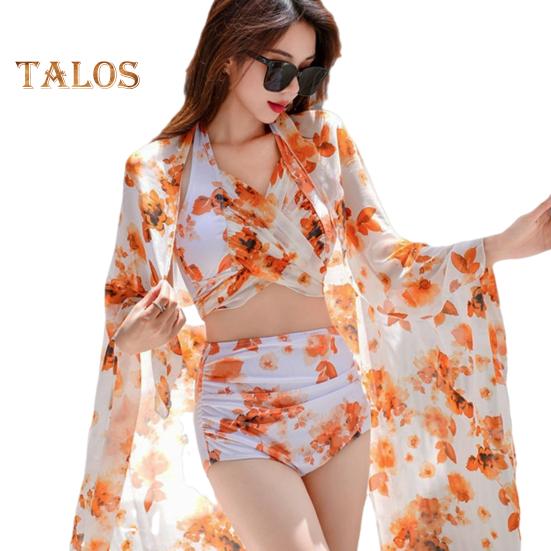 

Женский пляжный комплект бикини из 3 шт./компл., бюстгальтер без рукавов с лямкой на шее, шорты с высокой талией, трусы, комплект с длинными рукавами, кардиган, купальный костюм с принтом тай-дай M оранжевый