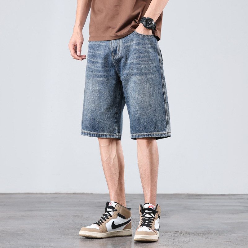 Men s American Retro Style Washed Denim Shorts, Summer Thin Loose Straight Casual Knee-Length Shorts Blue twenty-nine