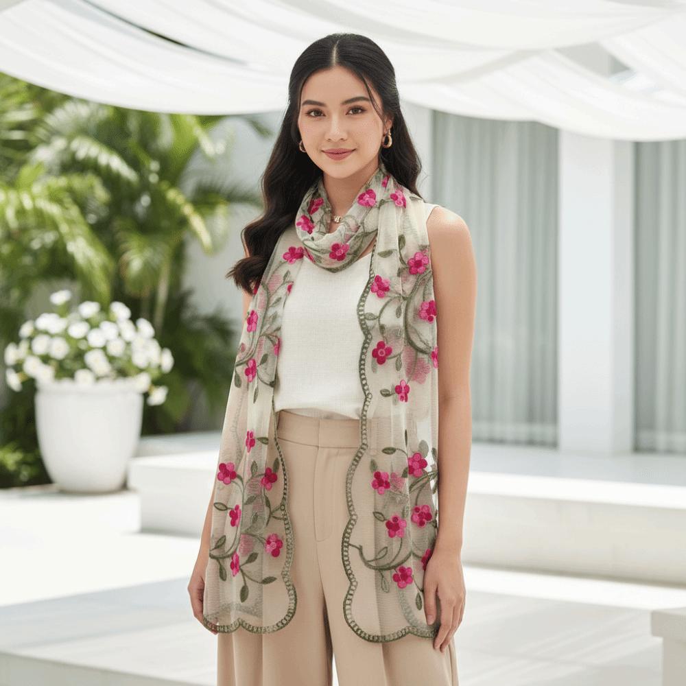 Ethnic Style Embroidered Floral Headwrap Breathable Lightweight Long Lace Scarf Translucent Scalloped Boho Sheer Shawl