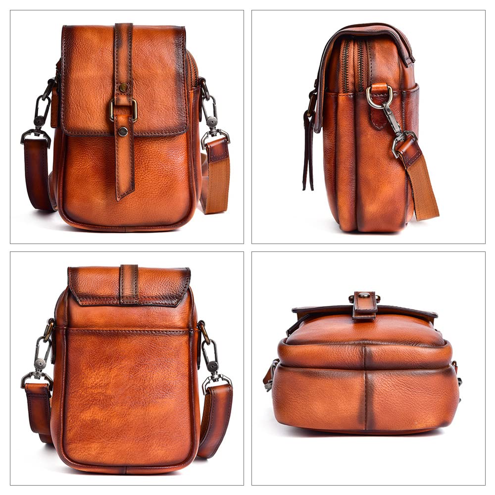 Whatna Antique-Style Tanned Natural Cowhide Leather Mini Shoulder Bag for Men, Small Messenger Bag, Shoulder Pouch, Vertical Design, Fits iPad Mini,
