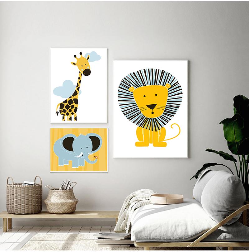 Yellow Lion Canvas Painting Baby Room Decor Cartoon Animals Wall Art Nordic Zebra Plakat Wall Pictures For Baby Kids Room No Frame