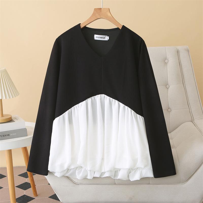 Plus Size Women s Color Block Long Sleeve Pleated Top 2026 4XL белый