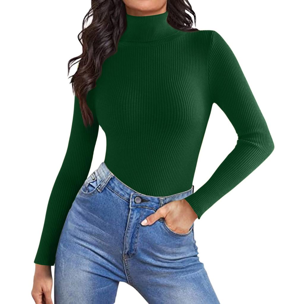 Women's Fashion High Neck Slim T-Shirt Long Sleeve Pullover Solid Colour Top