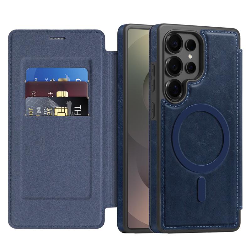 Luxury PU Leather Magnetic Flip Bracket Case For For Samsung Galaxy S22 S23 S24 S25 Ultra Plus For Magsafe Slot Wallet Protect Cover