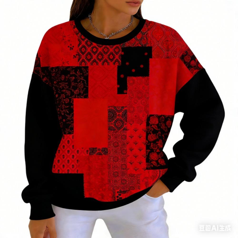 אופנת אביב שילוב צבעים חולצת טי לנשים קז'ואל הדפס וינטג' פולאובר לנשים בגדי שרוול ארוך קז'ואל בחוץ חולצות טי עליון