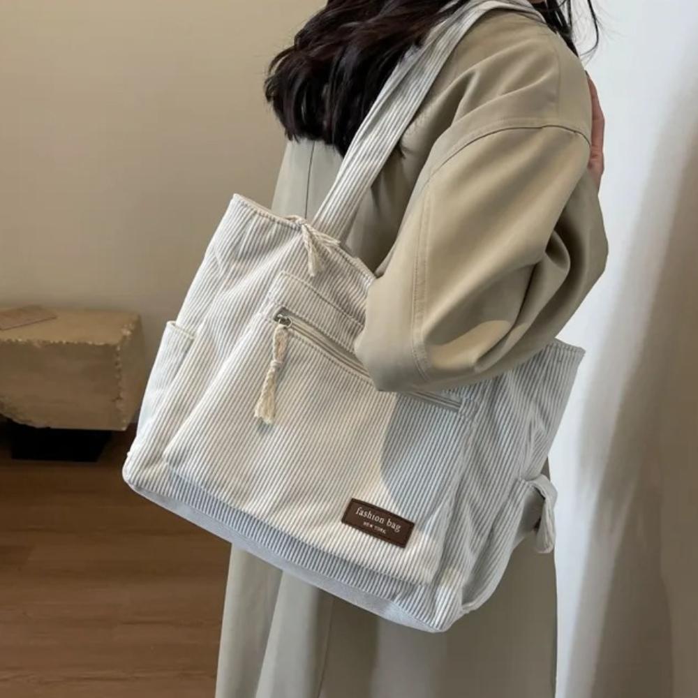 Simple Corduroy Shoulder Bag Versatile Tote Bags for Women Multi-Pocket Lightweight Handbag for Work Shopping Commuter