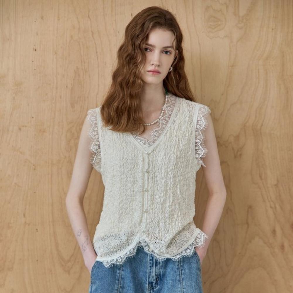 Maxza Lace Block Flower Scallop Sleeveless Knit Ze07qt049na beige/FREE