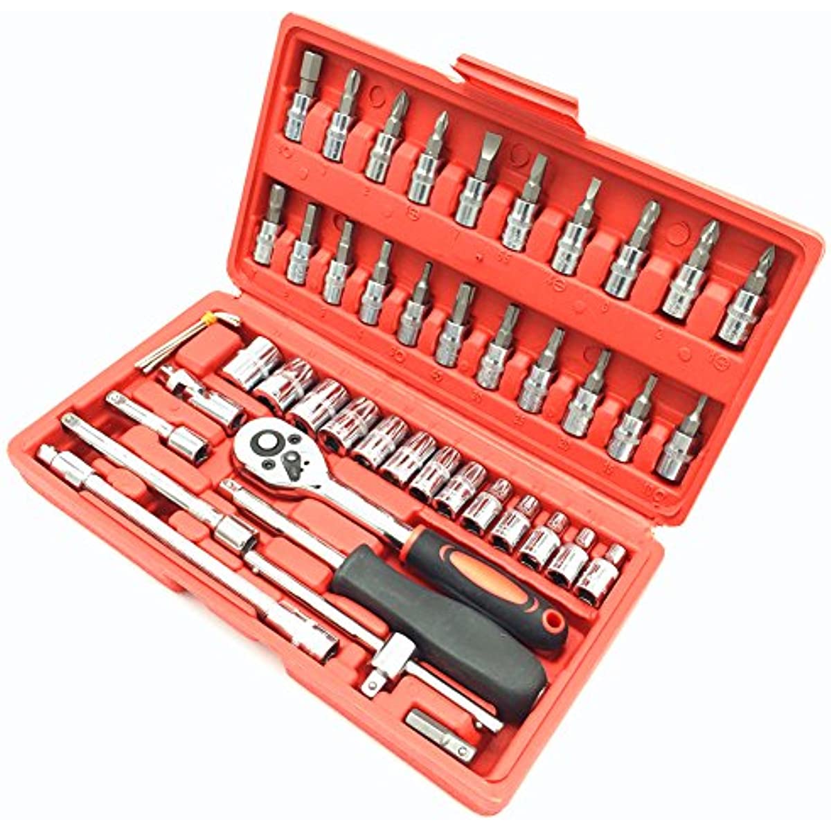 46pcs 1/4-Inch Drive Socket Wrench Set Ratchet Sets Mechanic Tools Kit Bit Sockets for Automotive Repair & Household Metric 46pcs