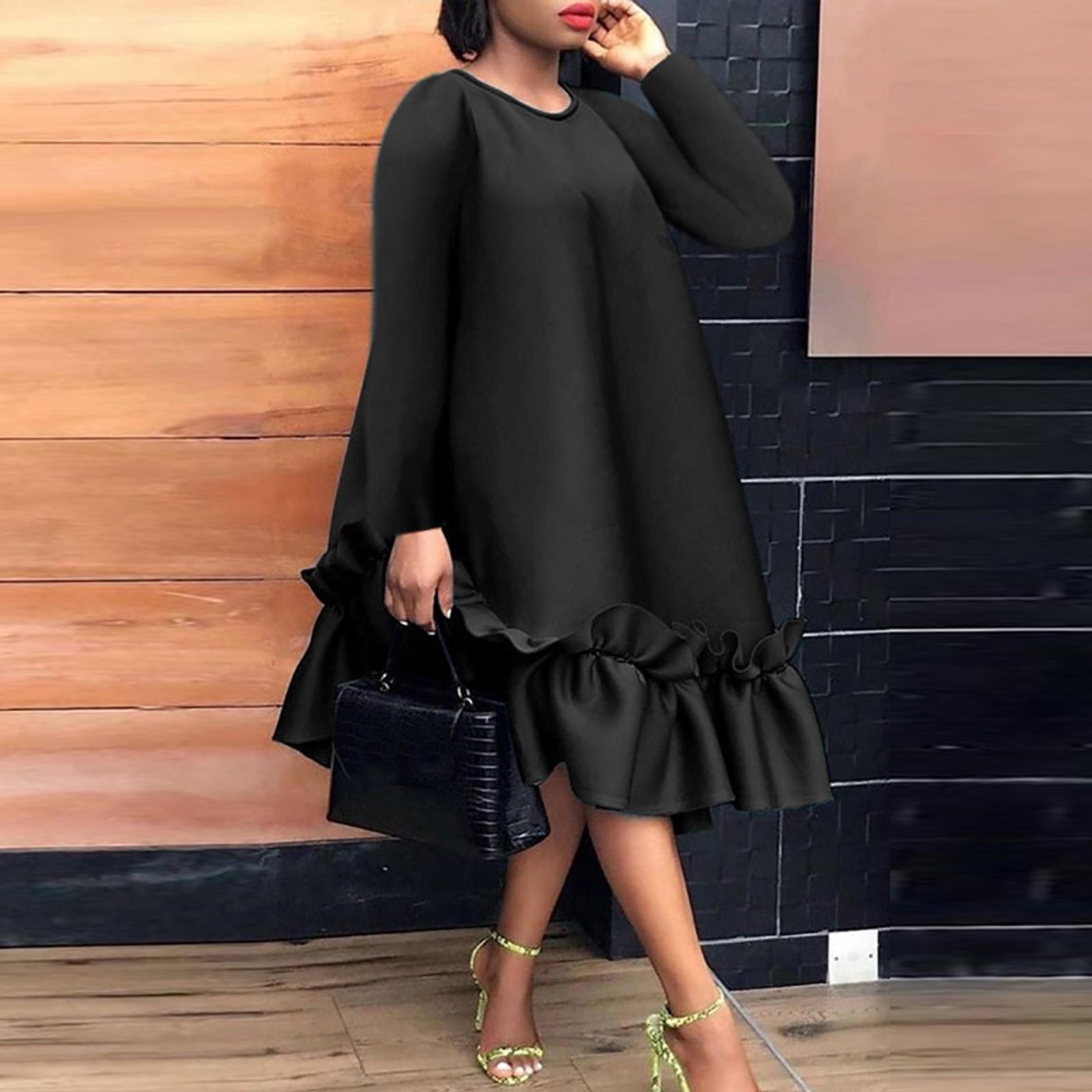 

Женское однотонное винтажное платье с рюшами и круглым вырезом и длинными рукавами, повседневное свободное праздничное платье XL чёрный