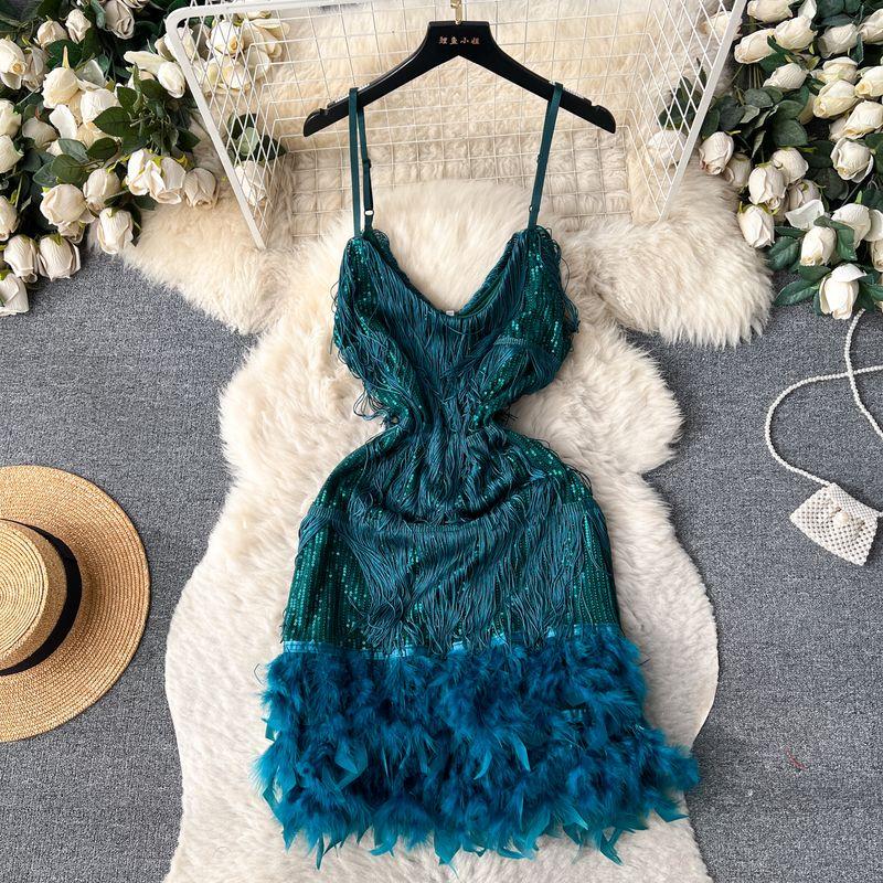 Feather Dress Ins Open Back Sling Tassel Sequins