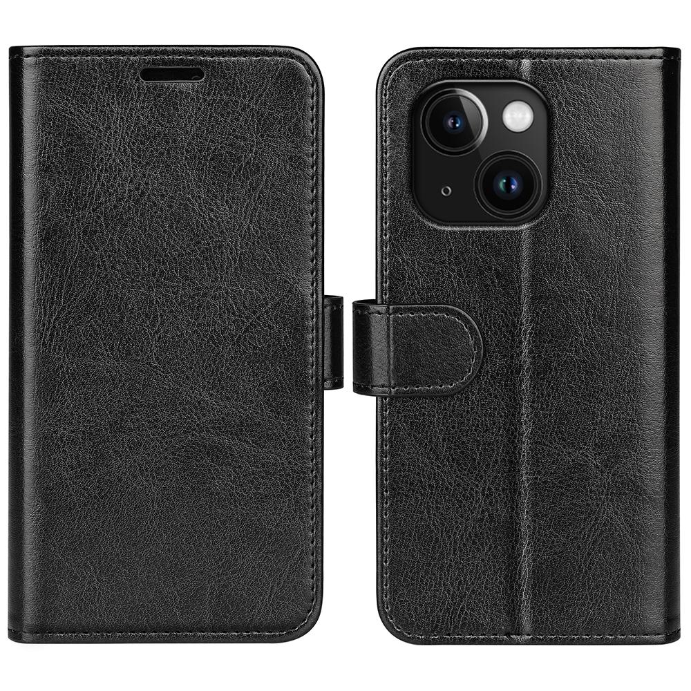 

For iPhone 15 Plus PU Leather Stand Phone Case Crazy Horse Texture Wallet Folio Flip Cover Black