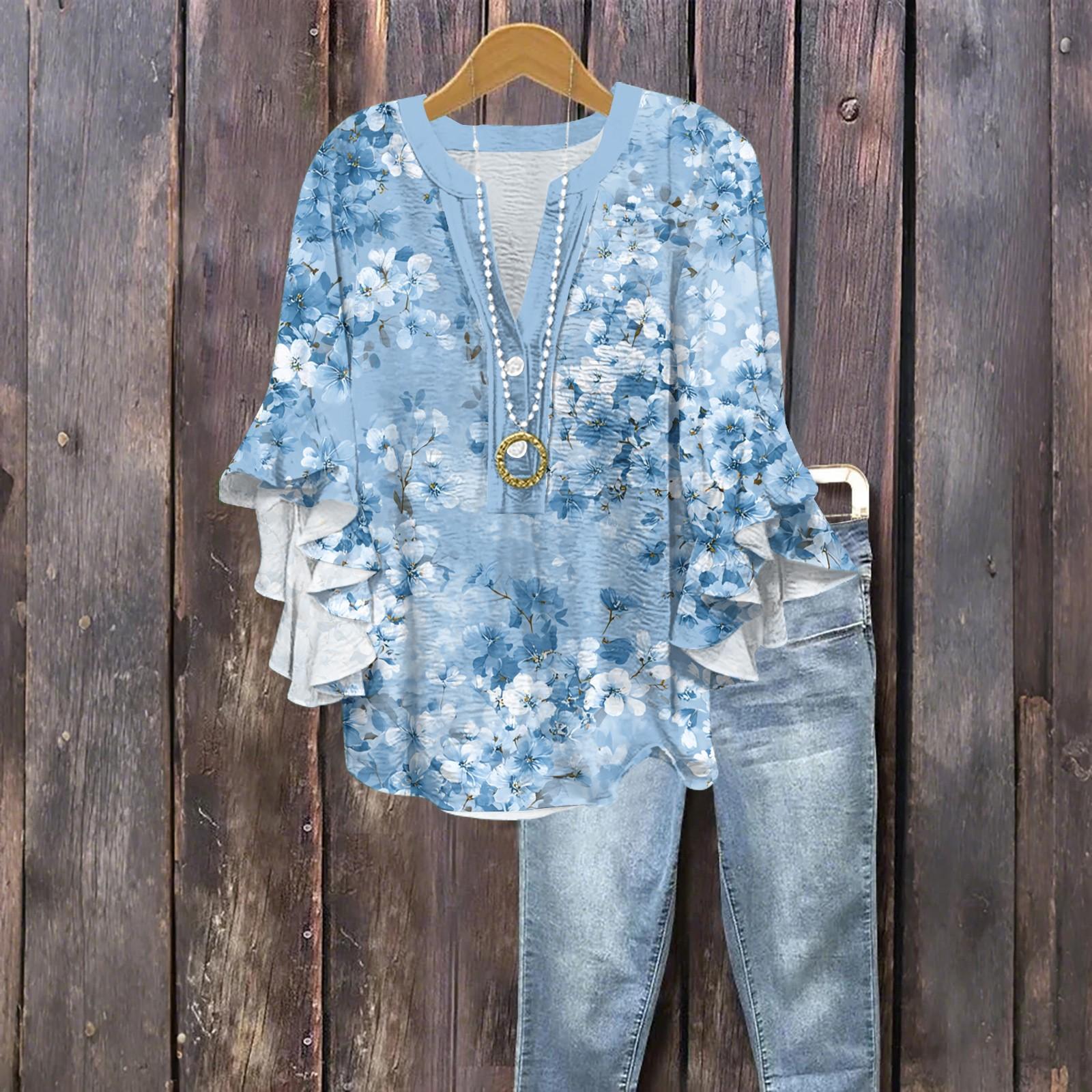 

Women s Fashion Button V-Neck Ruffle Seven Sleeve Blouse Floral Printed Top S