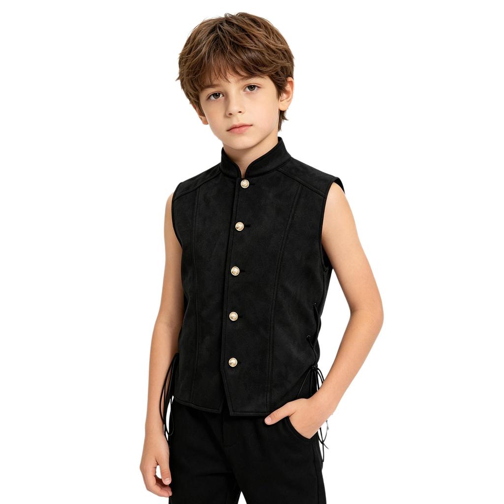 Jungen Piratenweste Stehkragen Knopfverschluss Seitliche Bindung Renaissance-Weste Cosplay Halloween Kostüm