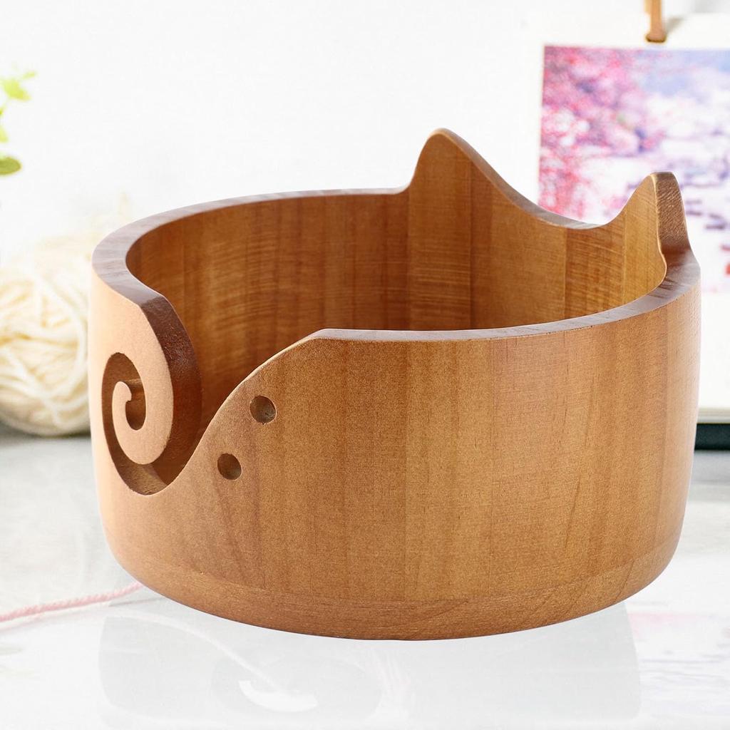 Kuuleyn Wooden Yarn Bowl,Cute Cat Shape Practical Holder,Dispenser Crochet Organizer Storage Supplies for Home Workplace Knitting Crafting Activities