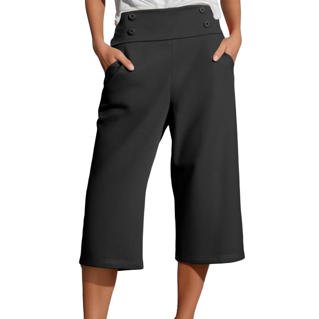 Women's Fashionable Solid Color Button Pocket Pants With High Waist Sports Yoga Casual Cropped Pants