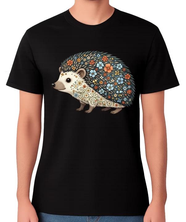Floral Hedgehog Art T-Shirt Cute Woodland Animal Illustration Unisex Tee 2XL