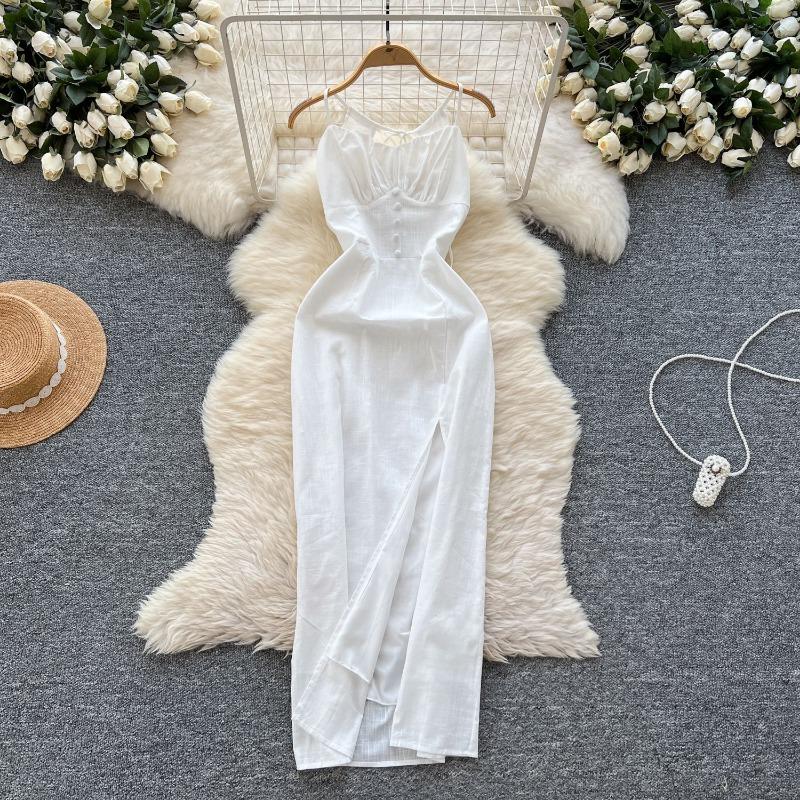 A Backless Off-the-neck Halter Dress for Women A Cinched Waist, Slimming and Slit Vacation Dress