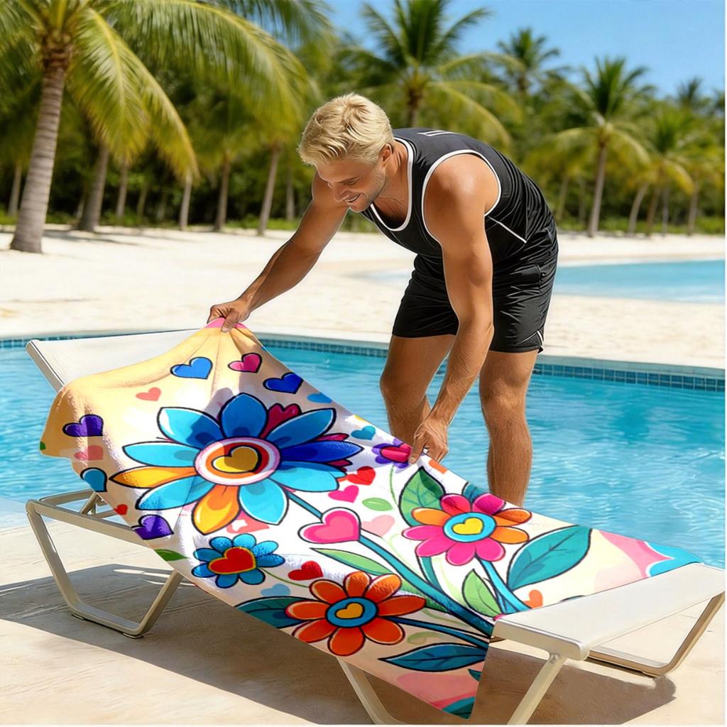 Pop style heart-shaped floral pattern polyester microfiber beach towel is highly absorbent, suitable swimming and beach outings