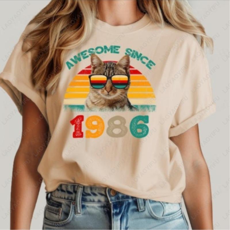Vintage Awesome Since 1986 Unisex Cotton Shirt Retro Cool Sunglasses Fun Cat Tee 40th Birthday Party Gifts Ropa Mujer Man Tops