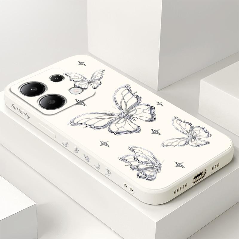 Silver Butterfly Phone Case For Xiaomi Redmi Note 14 13 12 12S 11 11S 10 10S 9 9S Pro Plus 4G 5G Liquid Silicone Cover