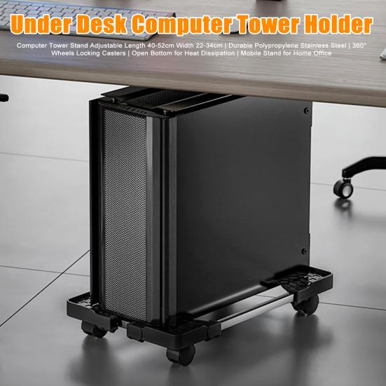 Yousheng Computer Tower Stand with 4 Locking Caster Wheels Adjustable Heavy Duty Metal Computer CPU Holder Home Office Ventilated PC Tower Cart Floor